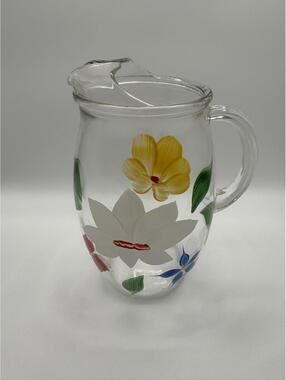 Vintage Gay Fad Bartlett & Collins Glass Pitcher Hand Painted Flowers 8.5"